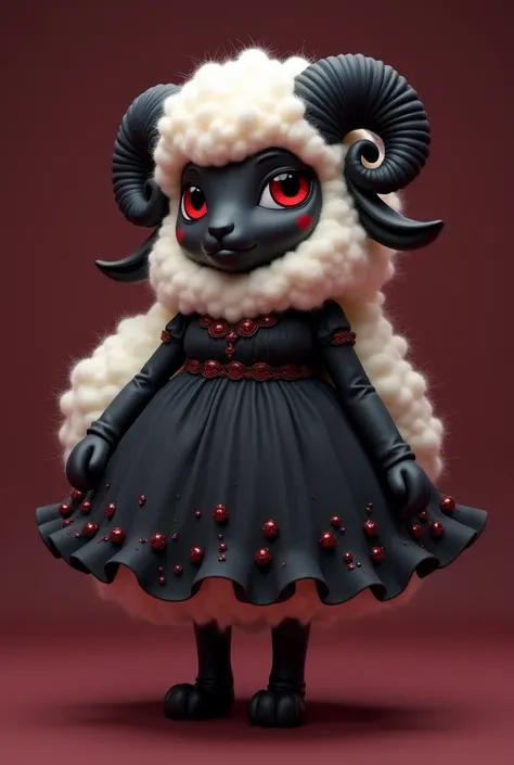 2-d, not 3D, fantasy setting, gothic style, anime style, anthro furry sheep woman, on 2 legs and in a beautiful gothic dress, black skin, white wool, small muzzle, large eyes, short, curvy, adult, chubby, soft wine-red background, desaturated 