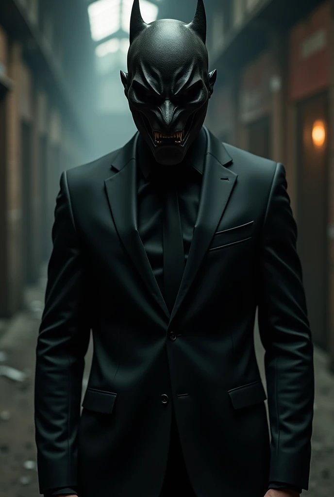 Create a photo of a guy in a black suit wearing a thug mask