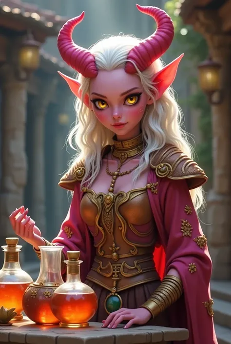 pink tiefling , 25 years old,  yellow eyes,  white hair, pink horns, wearing golden sorceress clothes ,  on a merchants table on a stone street,  attracting customers for their potions of life and poisons set in DnD, 