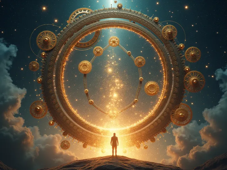 A grand celestial clock with glowing gears and constellations forming its mechanisms. At its center, a human figure stands illuminated, symbolizing their unique role within the divine design.