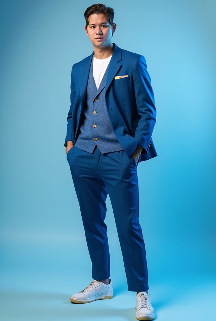 A half-body fashion portrait of a male model wearing a modern outfit with a blue tonal palette, look to viewer, standing in a professional studio. The outfit features sleek lines and contemporary design, complemented by accessories that match the blue tone...