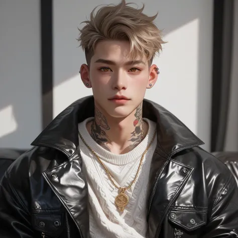 Handsome, young, Asian, Korean idol, light brown hair, honey eyes, fair skin, tattoos on white skin, piercing in ears, wearing clothes an oversized black leather jacket, white sweater in a dark nightclub