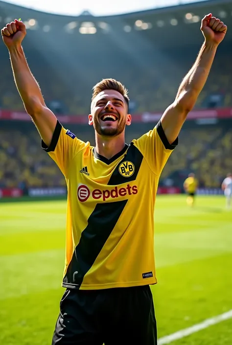 player, elegant haircut, wearing the Borussia Dortmund football shirt, celebrating a goal