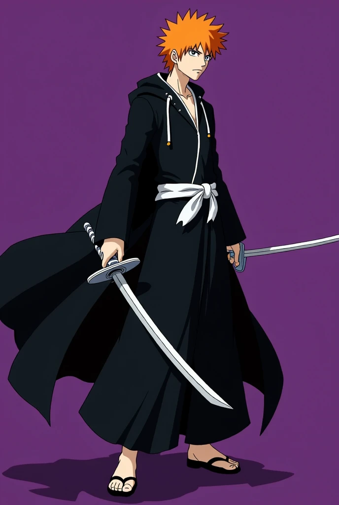 A Bleach ,  Ichigo Kurosaki with an orange head and a black cloak ,  cartoon character is holding a sword in each hand .  The character is standing in front of a purple background ,  and there is a sense of movement and action in the characters pose.