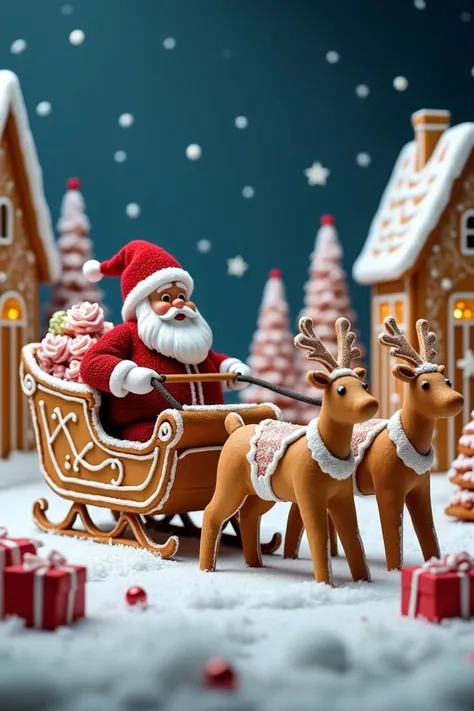 An enchanting holiday scene entirely crafted from gingerbread. Santa Claus rides a magnificent sleigh, pulled by intricately detailed gingerbread reindeer, surrounded by gingerbread-wrapped gifts. The backdrop is a magical gingerbread village featuring del...