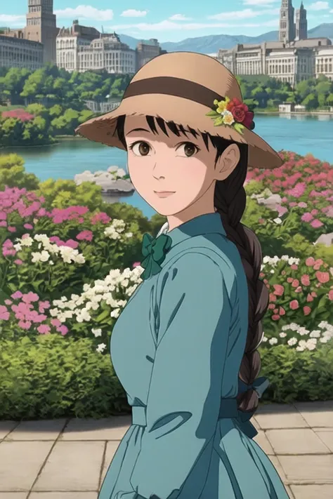 A girl with dark hair tied up in a braid, wearing a green dress and a hat with a brown bow. There is a blue water lake with flowers around it. There are buildings in the far background. Day. Cinematic quality, realism.
