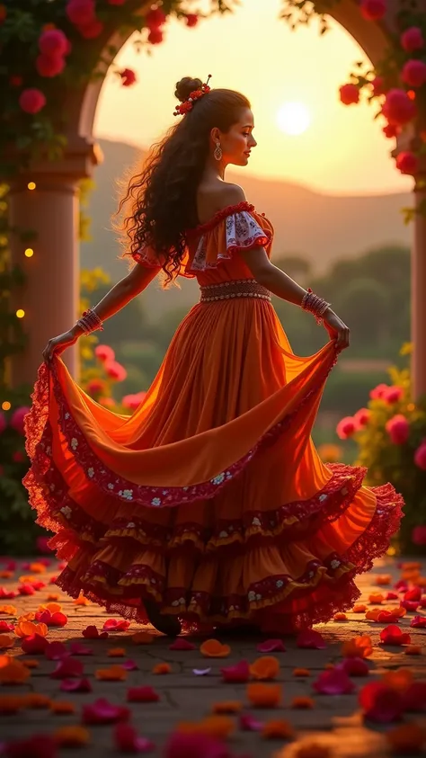 A full-body portrait of a Spanish girl with long, curly brown hair, gracefully performing a flamenco dance amidst a magical Andalusian paradise. Her vibrant attire, adorned with intricate patterns and flowing layers, swirls around her like petals in the br...