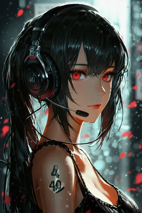 black background , 1 adult girl, long hair, 1 headphone, beautiful, red eyes, black hair, black strap top, holding sign (404)