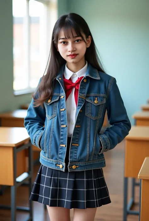 arafed woman in a skirt and jacket standing in a classroom, wearing jacket and skirt, wearing school uniform, japanese girl school uniform, wearing skirt, wearing japanese school uniform, cute schoolgirl, wearing a school uniform, of a schoolgirl posing, s...