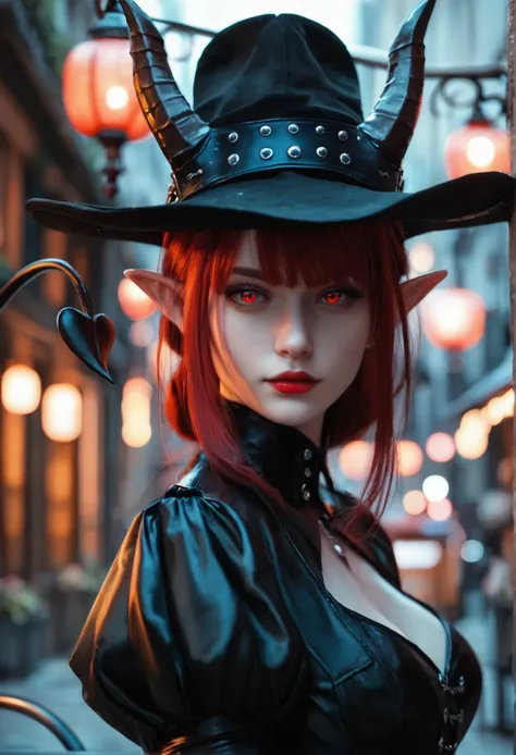 Secret police clothes, elf, 1Girl, solo, red eyes, red lips, gothic face, font eyebrows, dragon gothic makima, demon horns, demon tail, black hat, black hair, Bob long hair, black gloves, black_coat, coat, stands against dark fantasy street background , ((...