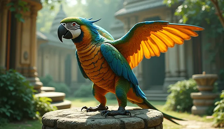 A fantastical hybrid creature combining the traits of a parrot and a turtle, situated in an ancient, overgrown temple garden similar to the reference image. The creature has the head, beak, and wings of a parrot, showcasing vivid blue, orange, and green fe...