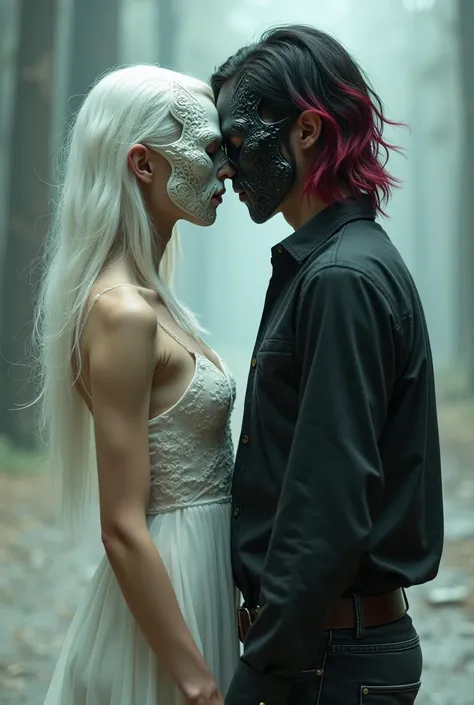 A girl with long white hair, she wears a mask, can be naked, and a man, he has slightly longer black hair with red streaks, he also wears a mask, wears a loose shirt and black jeans. 