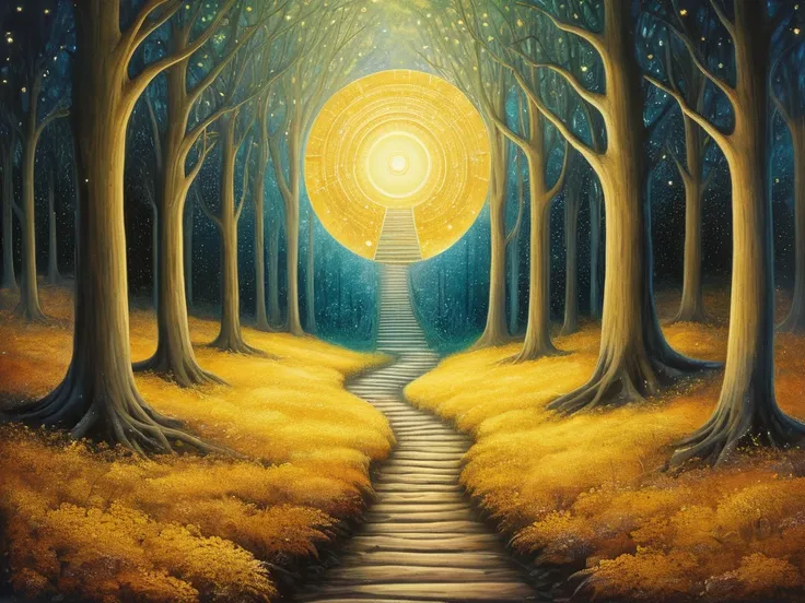 A winding golden path through a glowing cosmic forest, with faint outlines of the nine chosen types visible among the trees. At the end of the path, a grand, radiant gateway beckons, symbolizing the beginning of a profound journey.