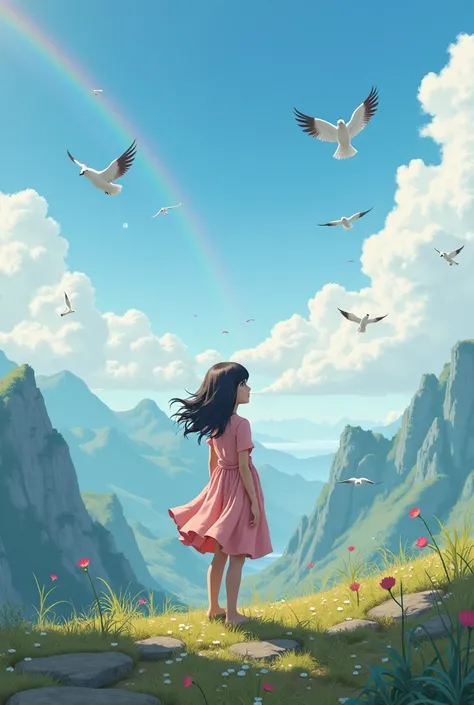 I am girl.I am in a moutain,many beautiful birds are flying in the sky, I am seeing a Rainbow in the sky.  I am seeing aslo "My name Mim" in the sky.I wear a beautiful dress.The whole scenery is very beautiful. 