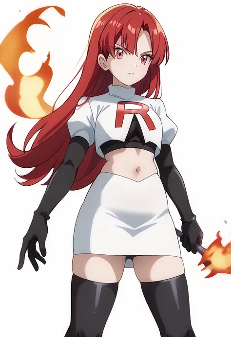 score_9_up,score_8_up,score_7_up,DL_MS,1girl,solo,fire,long hair,red hair,bangs,pink eyes,white_background,simple_background,team rocket,team rocket uniform,white skirt,red letter R,crop top,black thigh-highs,black elbow gloves, cowboy_shot,