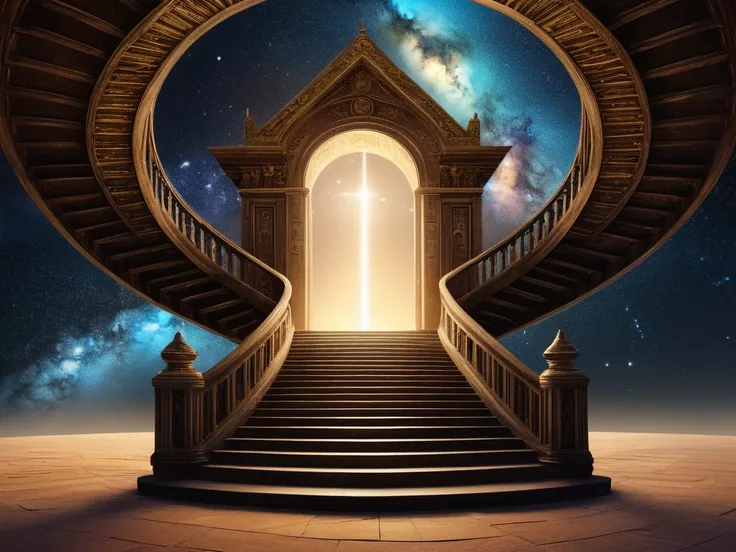 A glowing staircase ascending into a vast cosmic horizon, each step inscribed with luminous symbols representing knowledge and enlightenment. At the top of the staircase, a radiant portal beckons, surrounded by stars.