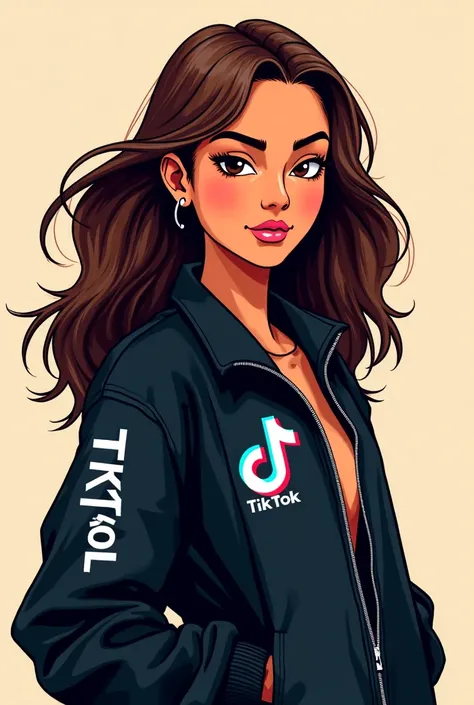 Create a comic avatar for me: woman with brown hair with dark eyes wearing a black TikTok jacket, brown skin 