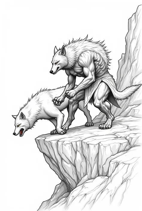 A realistic drawing outline ,  in black with thick lines and a white background without shading, Of a werewolf warrior with a wolfs face and muscular,  wearing short white cloth similar to the skirt , Throwing a white ferocious wolf down the cliff between ...