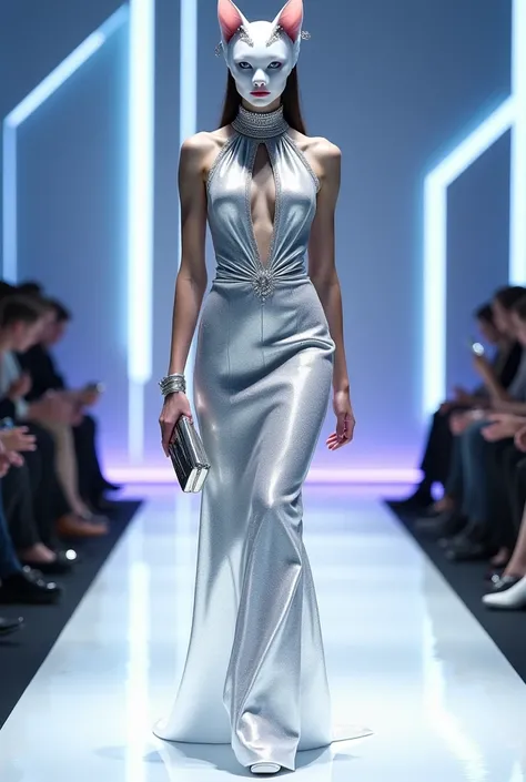 Futuristic Fashion Icon Cat" – A sleek white cat in a silver holographic gown with structured shoulders and a high neckline. She carries a metallic clutch and wears crystal jewelry with an avant-garde headpiece. The runway is set in a futuristic venue with...