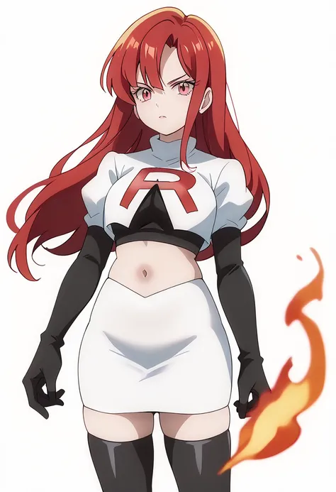 score_9_up,score_8_up,score_7_up,DL_MS,1girl,solo,fire,long hair,red hair,bangs,pink eyes,white_background,simple_background,team rocket,team rocket uniform,white skirt,red letter R,crop top,black thigh-highs,black elbow gloves, cowboy_shot,