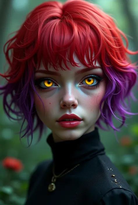 A woman with short wavy red hair with purple high lights at the end. With yellow pupils. realistic 