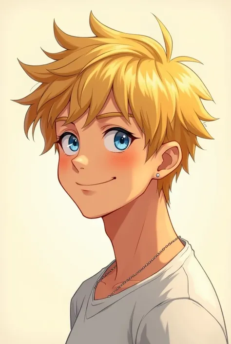 16-year-old Teenage Boy ,  golden blond hair, with slightly creased hair , earring in one ear , sky blue eyes,  Tanned Skin with a Smile ,  anime-style image and cream-colored image background 