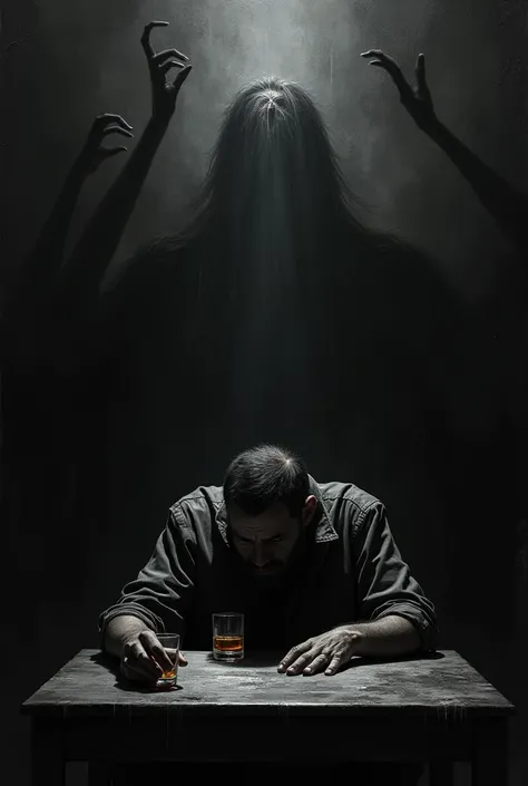  A man sitting at a table drunk venting with black shadows with a face, black oil paint style image 