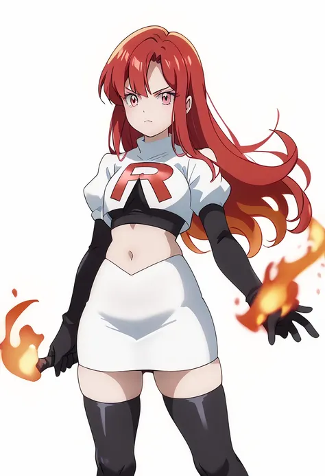 score_9_up,score_8_up,score_7_up,DL_MS,1girl,solo,fire,long hair,red hair,bangs,pink eyes,white_background,simple_background,team rocket,team rocket uniform,white skirt,red letter R,crop top,black thigh-highs,black elbow gloves, cowboy_shot,