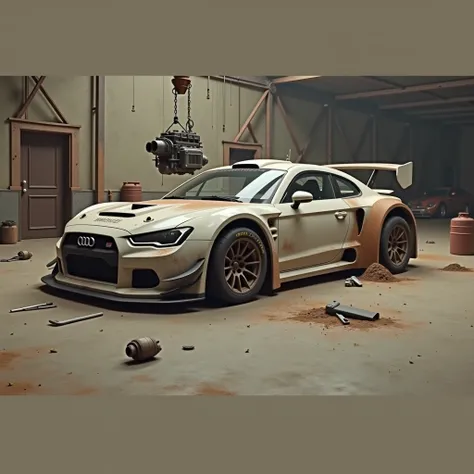 abandoned garage ,  abandoned rally cars .  motor hanging on a motor crane