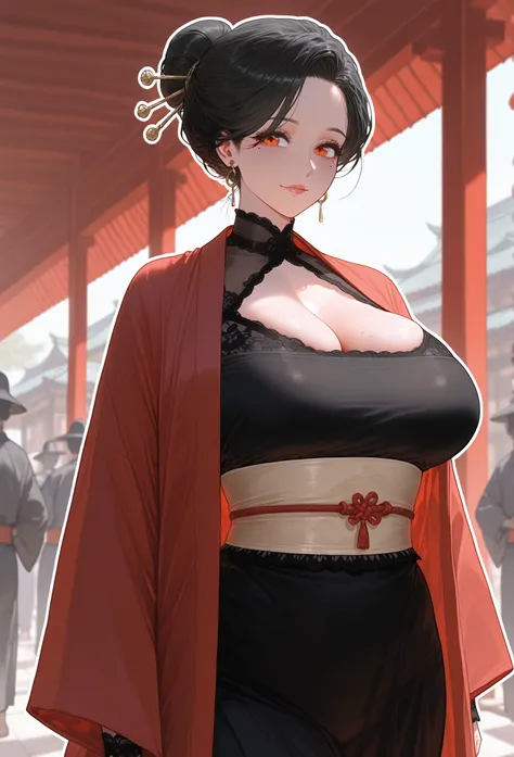 ((black hair), hair in a bun), (orange eyes, perfect eyes),
wearing a red oriental kimono (fully dressed shoulders:0.7+kimono covering shoulders:0.7), 
((black sheer bust panel:1.3), bust transparency only), 
standing in an eastern village, samurai in the ...