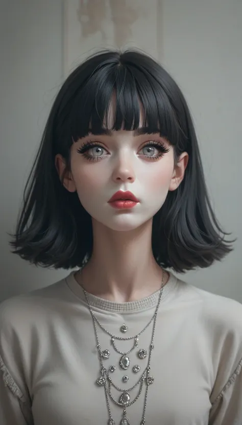  Chat can generate a thin anime-style 2D art image ,  of a 20-year-old girl ,  long black hair with fringe ,  large gray eyes slightly lilac ,  white skin ,  clothes in neutral tones ,  and lower a slightly slender and delicate figure, With black lipstick ...