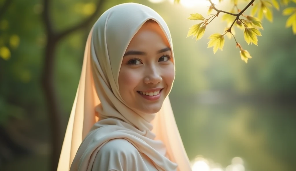  A beautiful 25-year-old woman with Indonesian nationality .  She has bright white skin and wearing a soft colored hijab .  The clothes she wears are simple but still elegant ,  reflect a humble and graceful personality . Her face looks calm and natural , ...