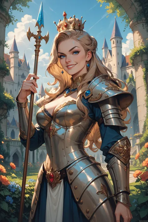 Warrior Queen, wearing leather armour, in a castle garden, Long Hair, Smirk, Blue eyes, crown, sunshine,  light brown hair, spear, 