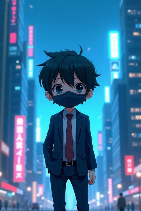 small anime character in suit and mask, blue city