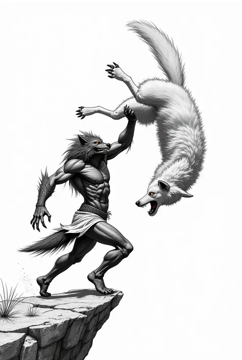 A realistic drawing outline ,  in black with thick lines and a white background without shading, Of a werewolf warrior with a wolfs face and muscular,  wearing short white cloth similar to the skirt , Throwing a white ferocious wolf on the cliff between ro...