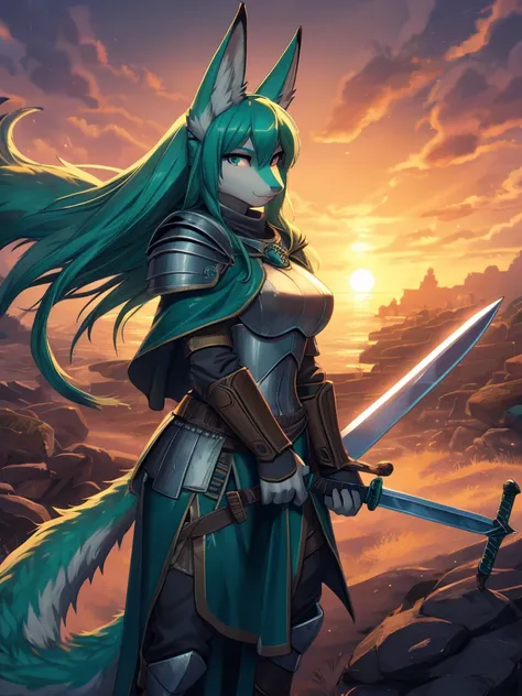 A photorealistic portrayal of Miku Hatsune with sea-green skin, wearing a shining knights armor with a flowing cape. She stands on a battlefield at dawn, with her kitsune ears poking out from beneath her helm. Her hands are gripping a sword, ready for batt...