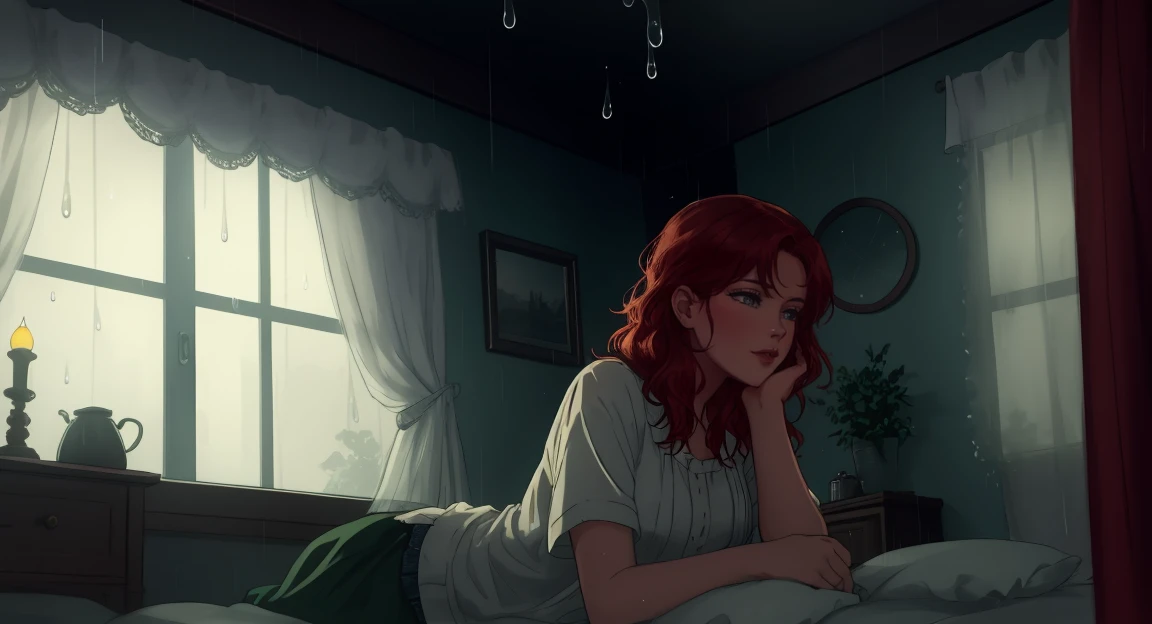 "A cozy and cinematic bedroom with a dark, rainy atmosphere. The room is illuminated by moody neon lights in shades of deep purple and soft green, casting a mysterious and calming glow on the walls. A woman with short auburn red hair is lying on the bed, h...