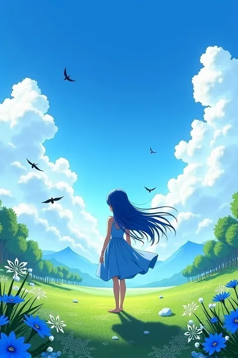 landscape with a blue sky and birds flying in the distance ,  beautiful nature and a girl in a blue dress and long blue hair watching nature 