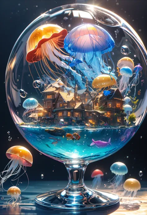  very detailed, 8k, Glass, Water in a Glass, Beautiful Glass ball in a Glass, Jellyfish， bright 、 long gold hair， minicars