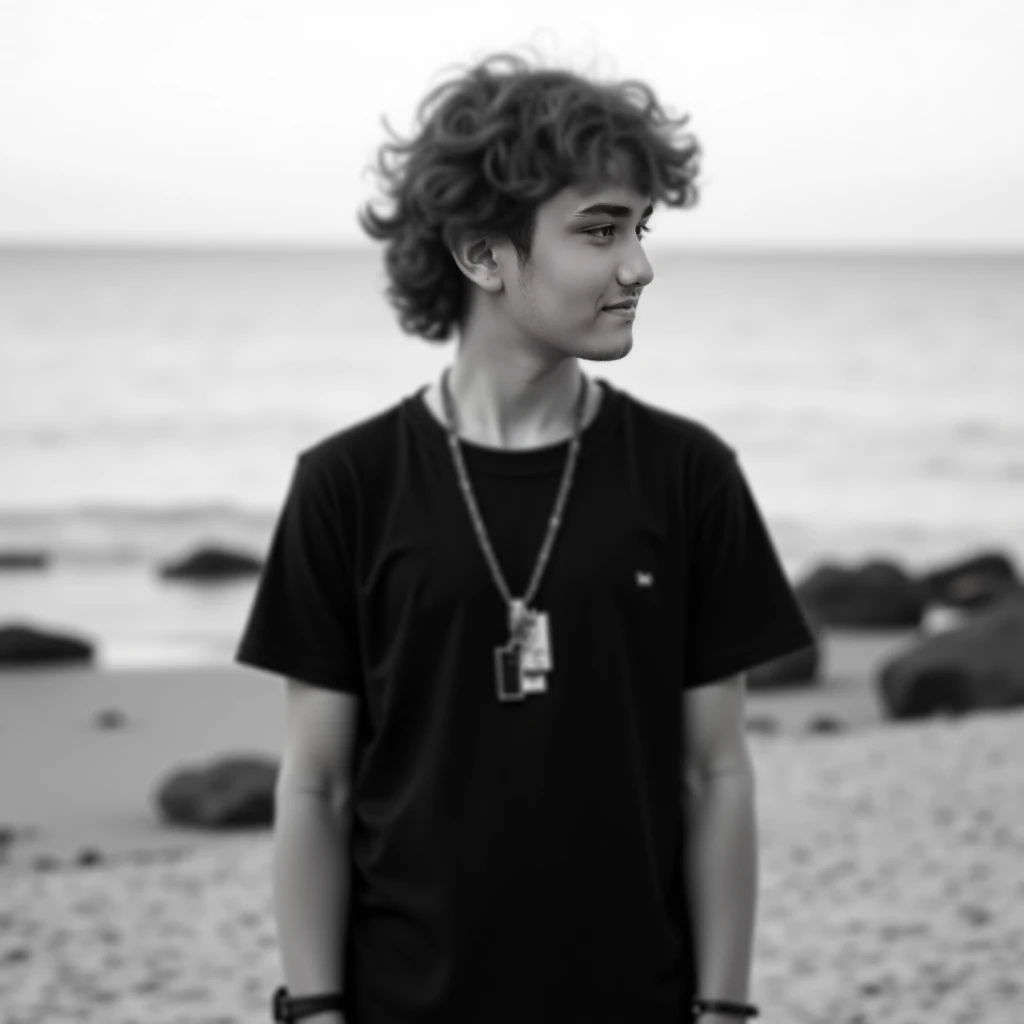 Teenage boy (ethnicity:1.2), (age:1.1), (detailed clothing:1.2), (accessories:1.1), (facial features:1.3) (expression:1.2), (body type:1.1), (pose:1.2),  black t-shirt, necklace with two rectangular pendants, wearing a bracelet, standing at the seashore;  ...