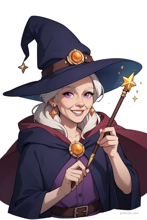 fantasy, wizard, raised wand, white background, old age