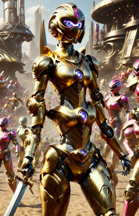 (female (Robot of power rangers (with sword))), robot face, glossy robot skin, gold bikini armor, covered breasts, small waist, big hip, action pose, full body shot, in crowded arena, daylight