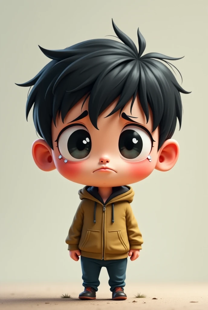 A very sad chibi boy in cartoon style 