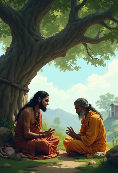 Sedds: 858929928, Sadhu sits under a large tree, speaking to Farmer and with sick wife.