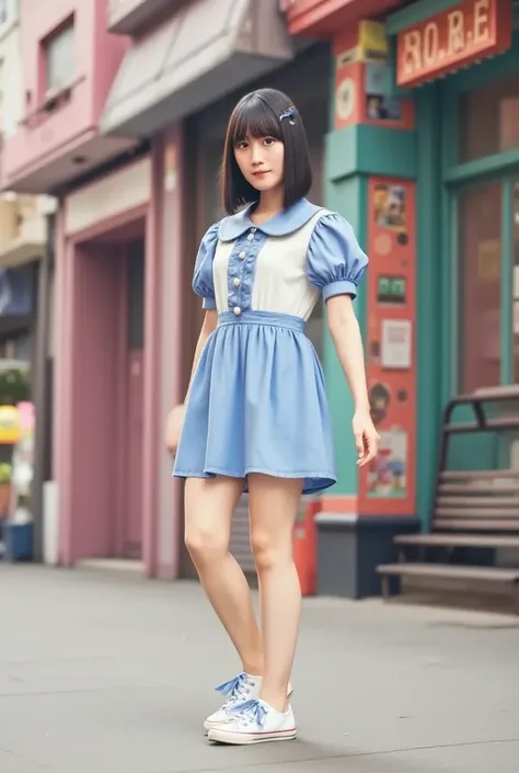  Realistic Long Shot Picture of a Beautiful Girl ,  Black Straight Medium Hair ,  Japanese American Pop Idol ,  brown eyes, 50mm Portrait,  perform and dance on a colorful stage , top: Cute baby blue and white collar,  white button closure on the front ,  ...