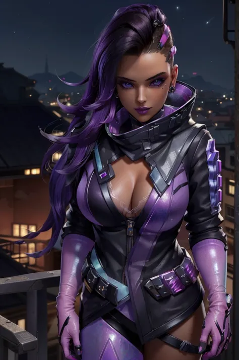 (masterpiece, best quality, ultra detailed, absurdres)1.5, 1girl, (sexy, beautiful woman, perfect face, perfect eyes, perfect female body, huge breasts)1.5, (sombraover, sombra (overwatch), dark skin, dark-skinned female, long hair, multicolored hair, two-...