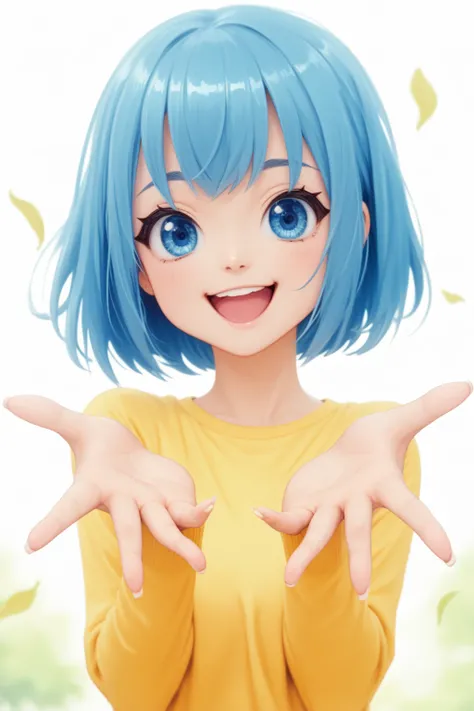  Create an image

*details*

1. *Style*: Anime woman.
2. *Hair*: short blue.
3. *eyes*: blues,  smiling with an open mouth .
4. *clothing*: yellow.
5. *action*: open hands.
6. *Bottom*:  Simple or transparent .