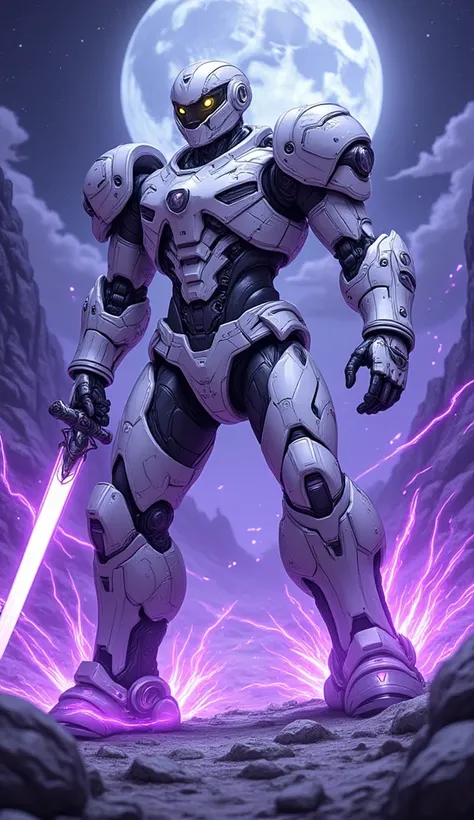 a picture of  a white robot, with yellow glowing eye, holding a sword, purple neon lights, ready to battle, attacking with the sword in a gladiator arena on the moon, hyp3rd3tail style