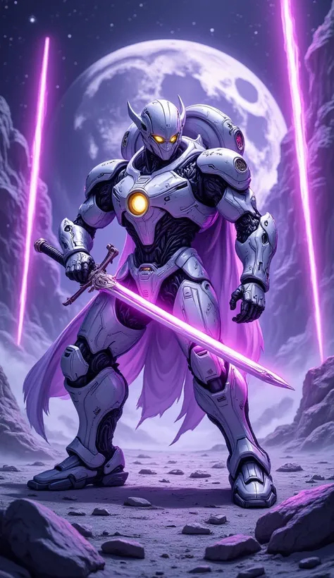 a picture of  a white robot, with yellow glowing eye, holding a sword, purple neon lights, ready to battle, attacking with the sword in a gladiator arena on the moon, hyp3rd3tail style