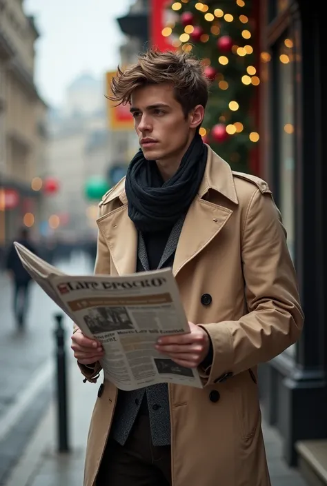 (Masterpiece, High Quality, High Resolution, 8k, 16k, Detail), Handsome man (wearing luxurious beige Burberry trench coat, black scarf), (wild but clean with slightly disheveled hair, young man in 20s, handsome, slender, confident expression), leaning agai...